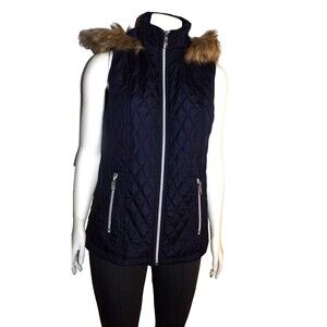 Black Rivet Navy Blue GIII Puffer Quilted Vest Faux Fur Trimmed Hood Sm Pockets